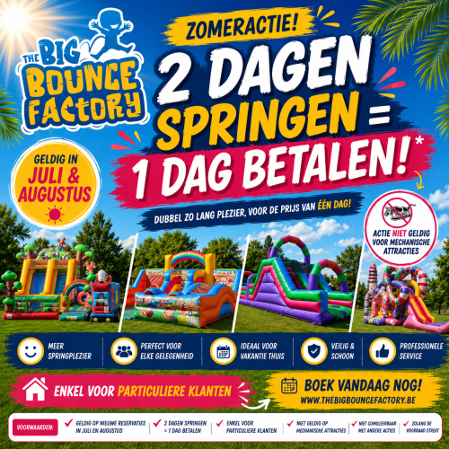 Zomeractie van The Big Bounce Factory waarbij klanten een springkasteel 2 dagen kunnen huren voor de prijs van 1 dag.