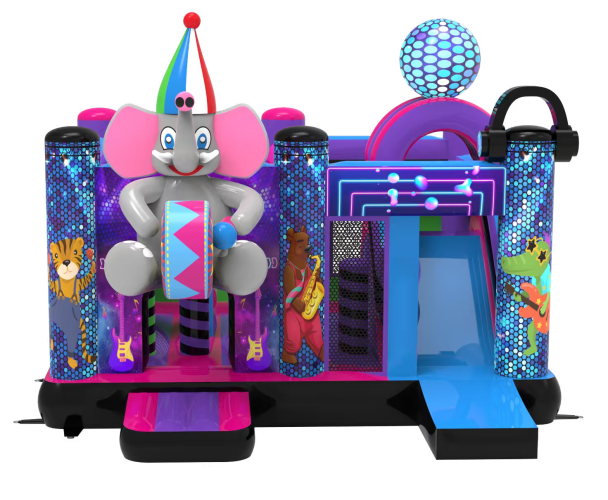 Disco olifant Jump & Slide huren | Springkasteel met glijbaan Nieuw vanaf april